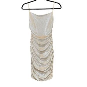 City Vibe Metallic Gold Sparkle Cowl Neck Ruched Mini‎ Dress Strappy Size Medium
